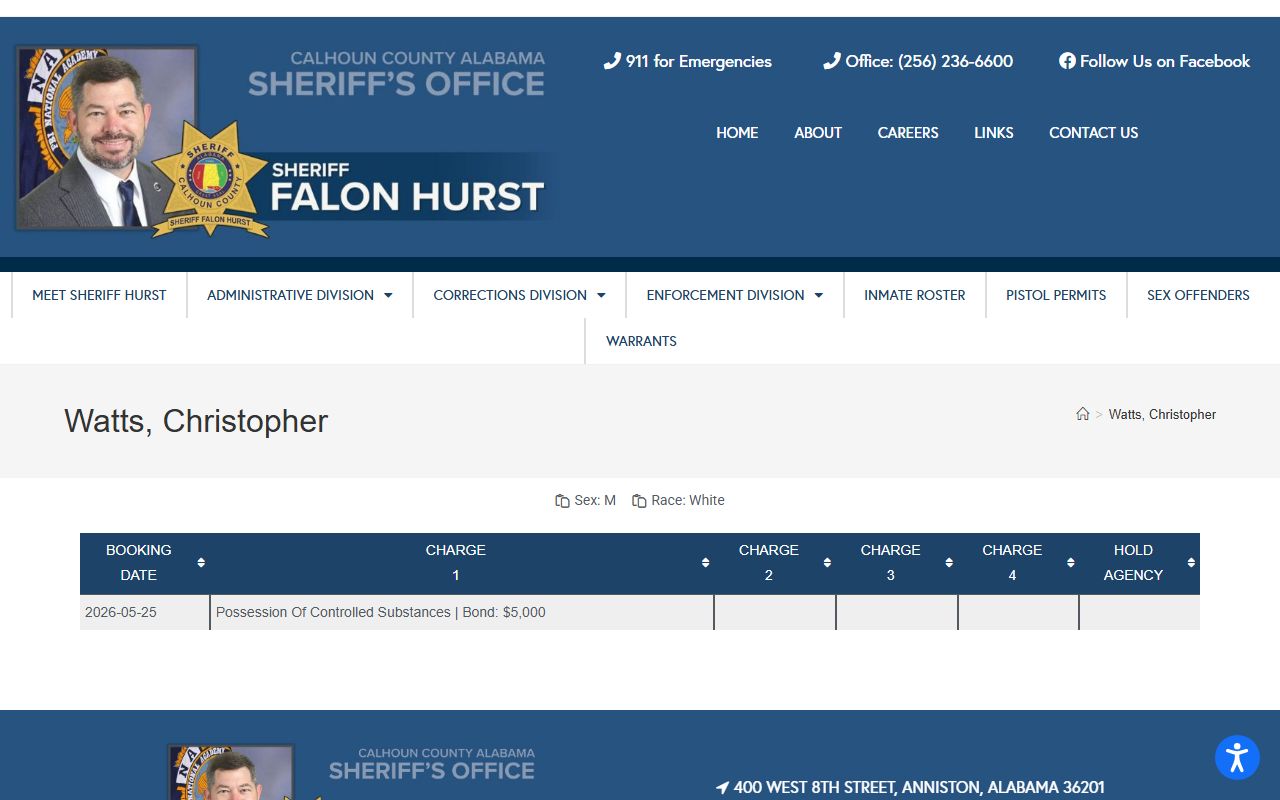Calhoun County booking profile fields for jail mugshots research
