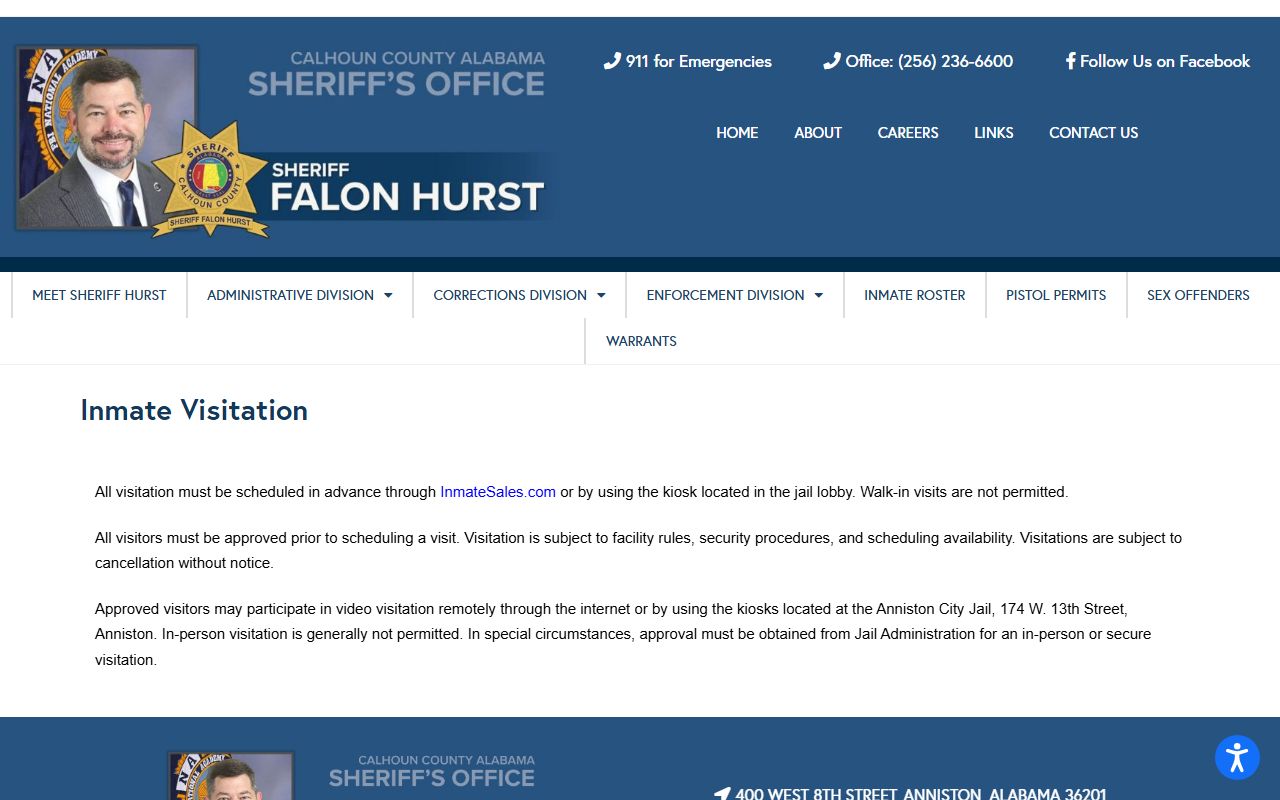 Official Calhoun County visitation page mentioning Anniston City Jail video kiosks