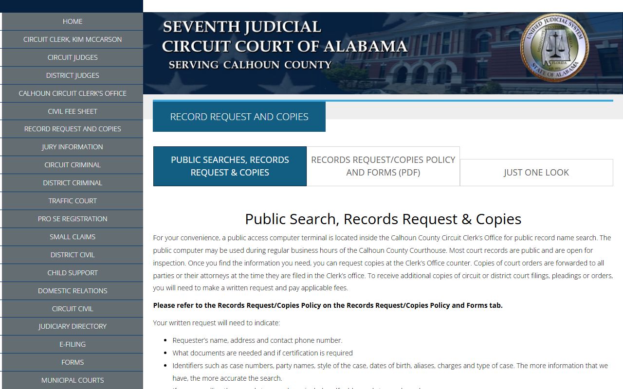 Calhoun County arrest records court record request page