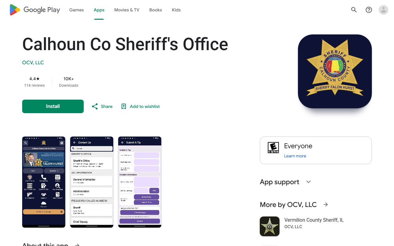 Calhoun County Sheriff's Office app listing used to check the county inmate population